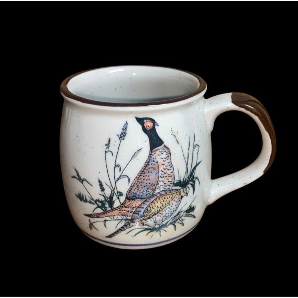 Vintage Stoneware Coffee Mug Hand‑Painted Pheasants Rustic Bird Cabin Lodge Mug